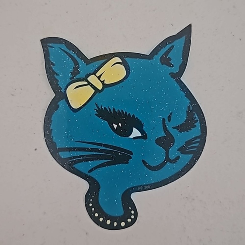 RARE vintage winking kitty blue glitter bow sticker